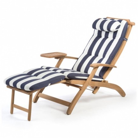 Tumbona clásica de teca con cojín azul y blanco